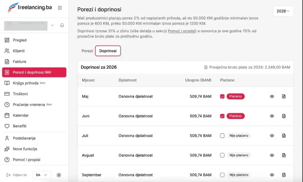 Screenshot: Doprinosi