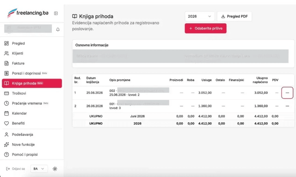 Screenshot: Knjiga prihoda